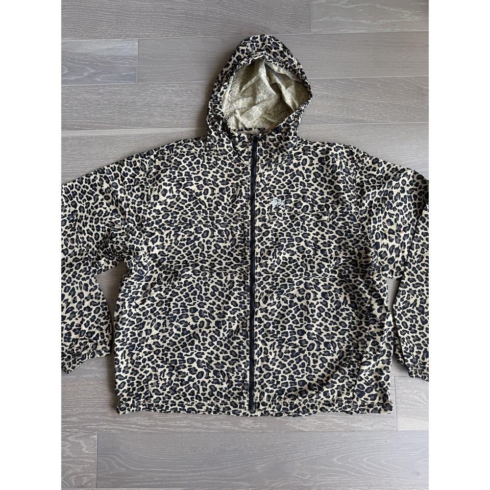 XL STUSSY Lightweight Hooded Jacket Cheetah Print Nylon Zip Up Mens ✅❤️ NEW